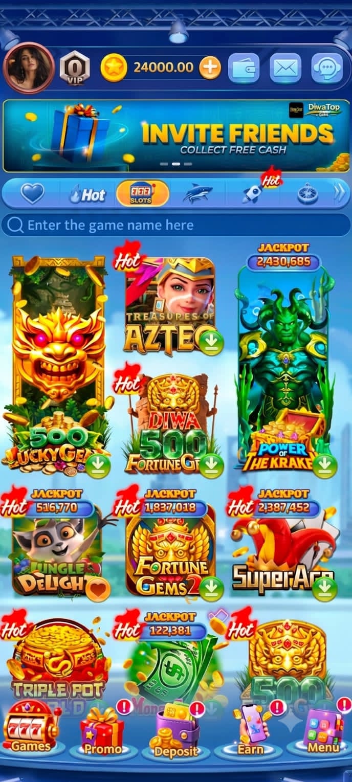 DiwaTop Game home screen showing popular slots and jackpot games