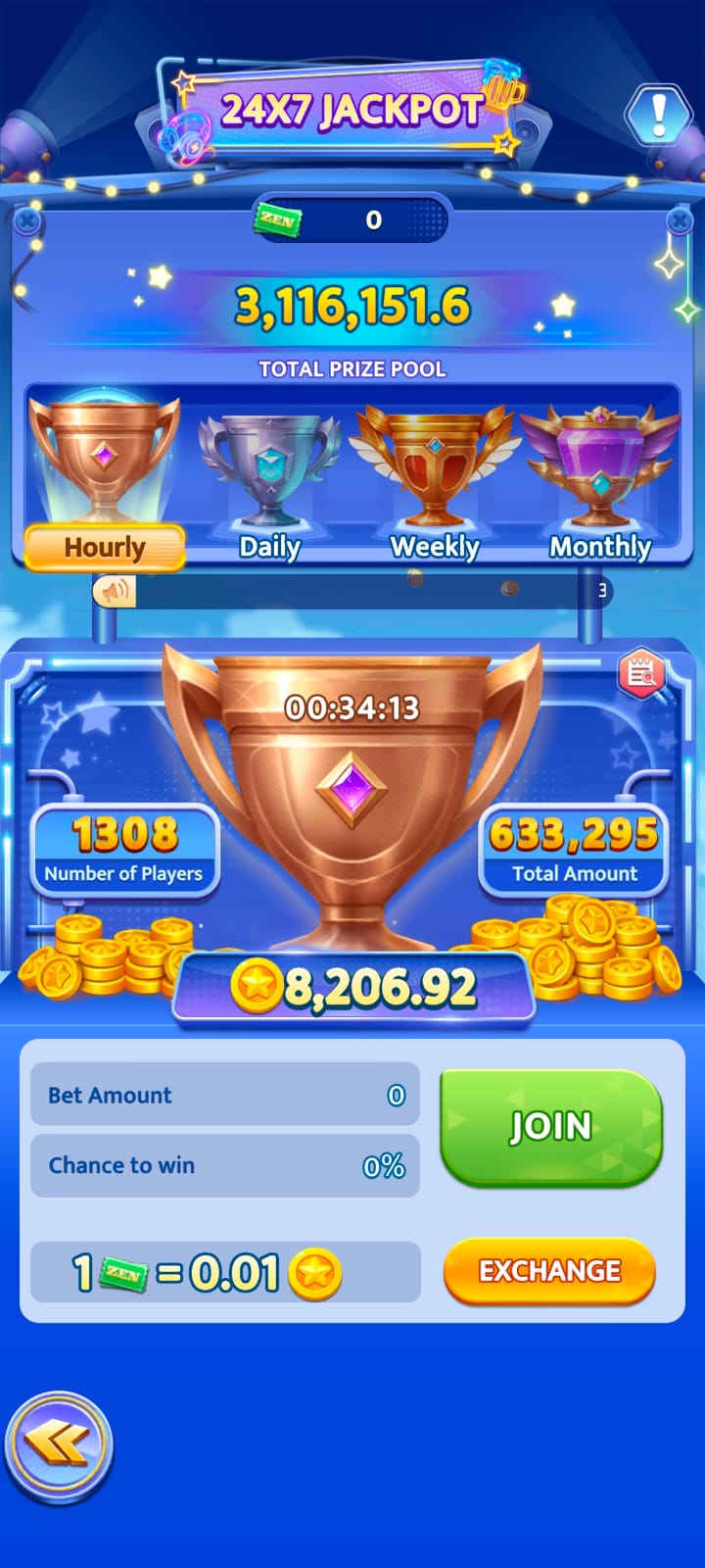 24X7 jackpot prize pool interface